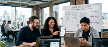 Mobile application development showing app interface on smartphone devices